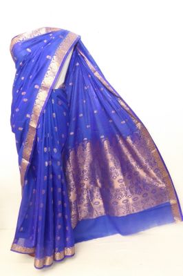 Sari Satin royalblau mit Goldbrokat