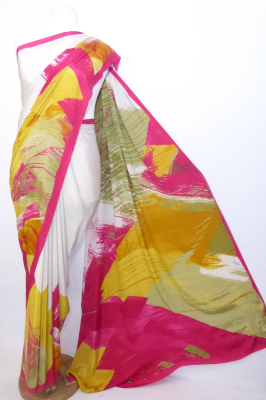 Indischer Sari aus feinstem Polyester pink-gelboliv-weiß