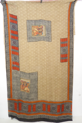 Sari aus Seidengeorgette hellbeige mit grau und orange