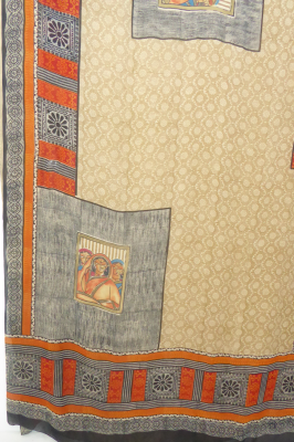 Sari aus Seidengeorgette hellbeige mit grau und orange