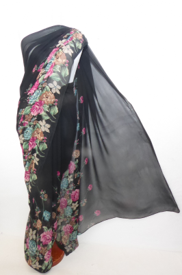 Georgette-Sari Viskose schwarz mit Blumenprint
