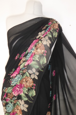 Georgette-Sari Viskose schwarz mit Blumenprint