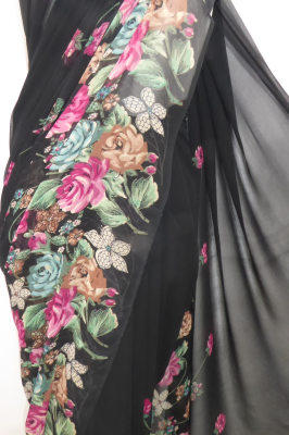 Georgette-Sari Viskose schwarz mit Blumenprint