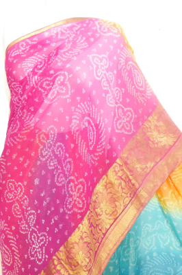 Georgetteseidensari 'Rainbow' mit Goldbrokat