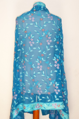 Dupatta Georgette blau mit Blumenstickerei