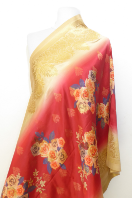 Dupatta rot mit Blumenmuster und Goldbrokat