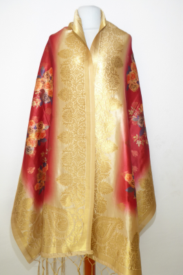 Dupatta rot mit Blumenmuster und Goldbrokat