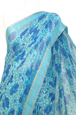 Seidensari aus feinstem Chiffon blau-hellblau