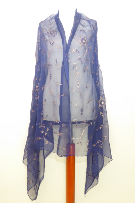 Dupatta Chiffon dunkelblau mit Brokatstickerei