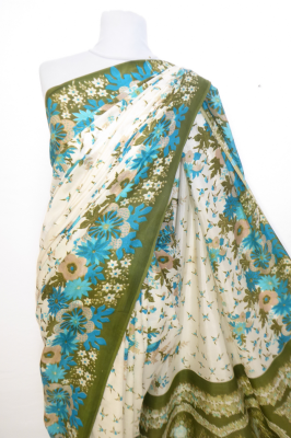 Sari Seide-Baumwolle creme-grün mit Blumenprint