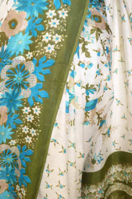 Sari Seide-Baumwolle creme-grün mit Blumenprint