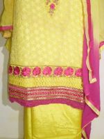 Stoffset Salwar Kameez Viskose gelb mit pink