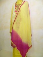 Stoffset Salwar Kameez Viskose gelb mit pink