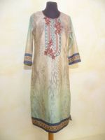Kleid Vintage beige-türkis mit blauen Borten