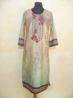 Kleid Vintage beige-türkis mit blauen Borten