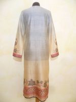 Kleid Vintage beige-graublau mit roten Borten