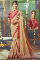 Sari Ardhangini hellbeige mit rot und gold