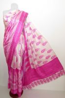 Sari aus hochwertigem reinem Seidensatin pink-weiß