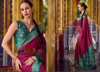 Brokatsari DRASHTI magenta mit Borte petrol