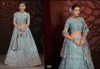 Lengha Choli dunkelblau mit olivfarbener Stola