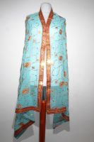 Dupatta Georgette türkis mit roter Borte und Goldpailletten