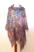 Fine Wool Wollschal dunkelblau mit Blumen und Paisleys
