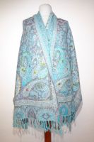 Wollschal boiled wool bestickt taubenblau-türkis