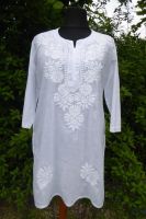 NEU Baumwoll-Tunika Mandira handbestickt weiß, indische Tunika mit Chikanstickerei weiß