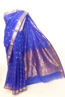 Sari Satin royalblau mit Goldbrokat