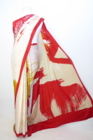 Indischer Sari aus feinstem Polyester rot-hellbeige